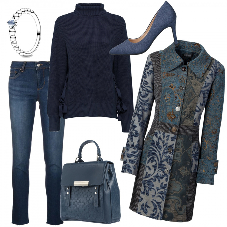 Outfit donna - Il cappottino. Stile Trendy per Tutti i giorni. Abbinamento con cappotti, maglioni, zaini, décolleté, jeans, anelli.