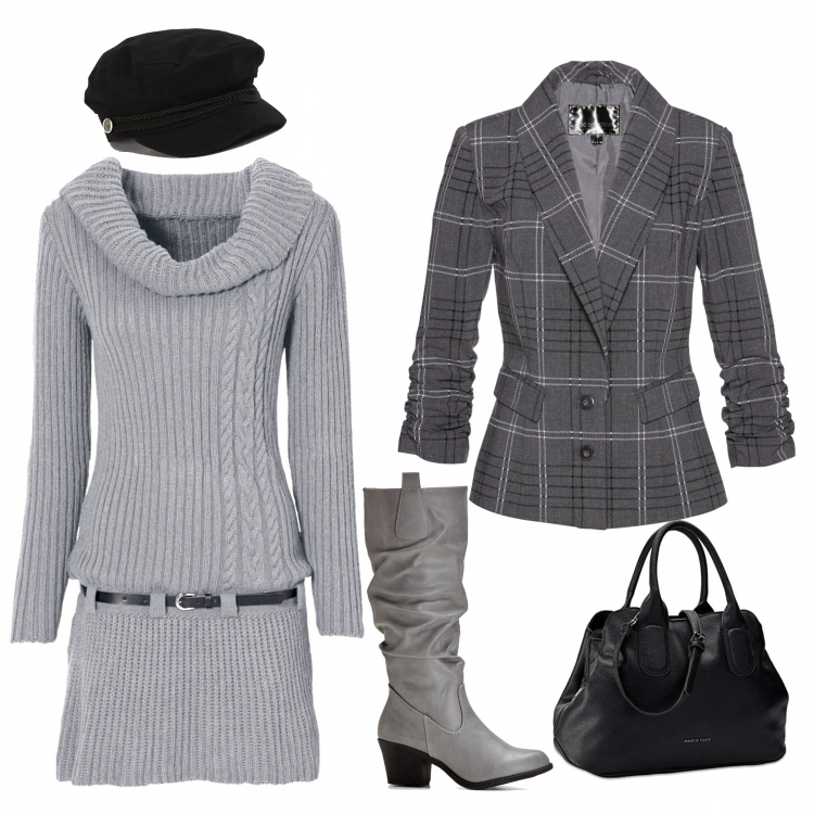 Outfit donna - Domani mi vesto di grigio. Stile Trendy per Ufficio. Abbinamento con vestiti, top, stivali, cappelli con visiera, borse a mano.