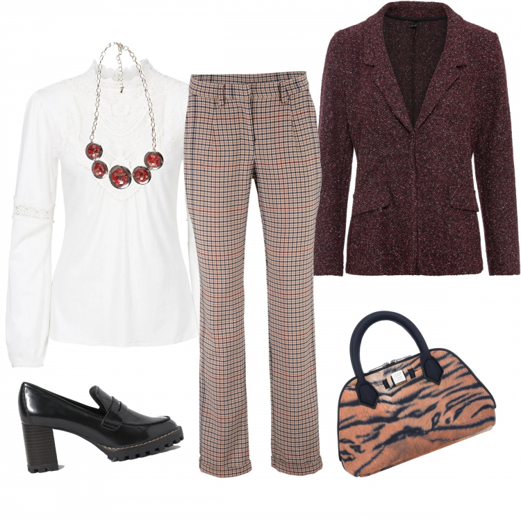 Outfit donna - Martedi\' in ufficio. Stile Bon Ton per Ufficio. Abbinamento con pantaloni, blazer, maglieria, borse a mano, collane, mocassini.