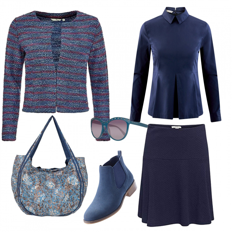 Outfit donna - Bon ton casual in blu. Stile Bon Ton per Tutti i giorni. Abbinamento con stivaletti chelsea, borse a spalla, gonne, camicie, blazer, occhiali da sole.