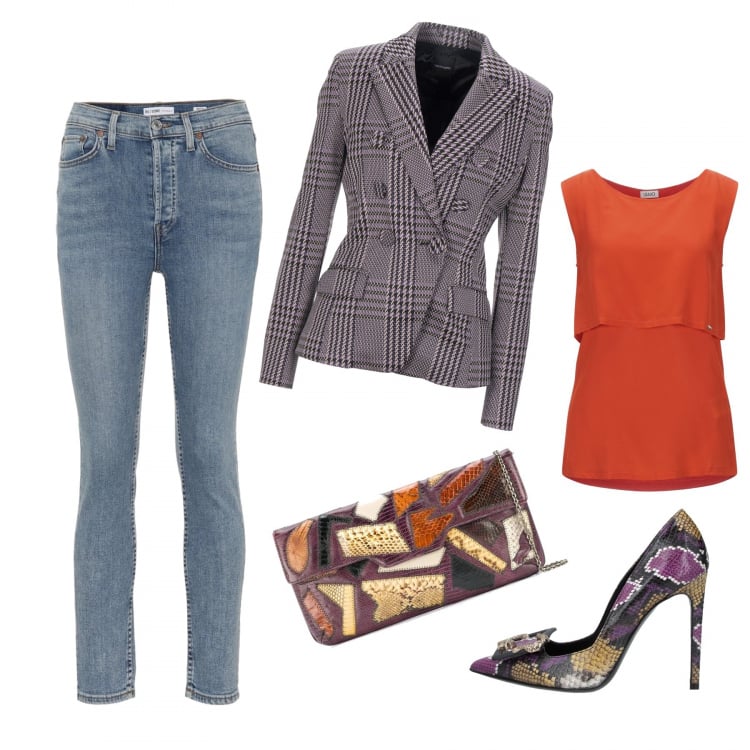 Outfit donna - Chic jeans caldo e freddo. Stile Chic per Serata fuori. Abbinamento con top, blazer, décolleté, clutch, jeans skinny.