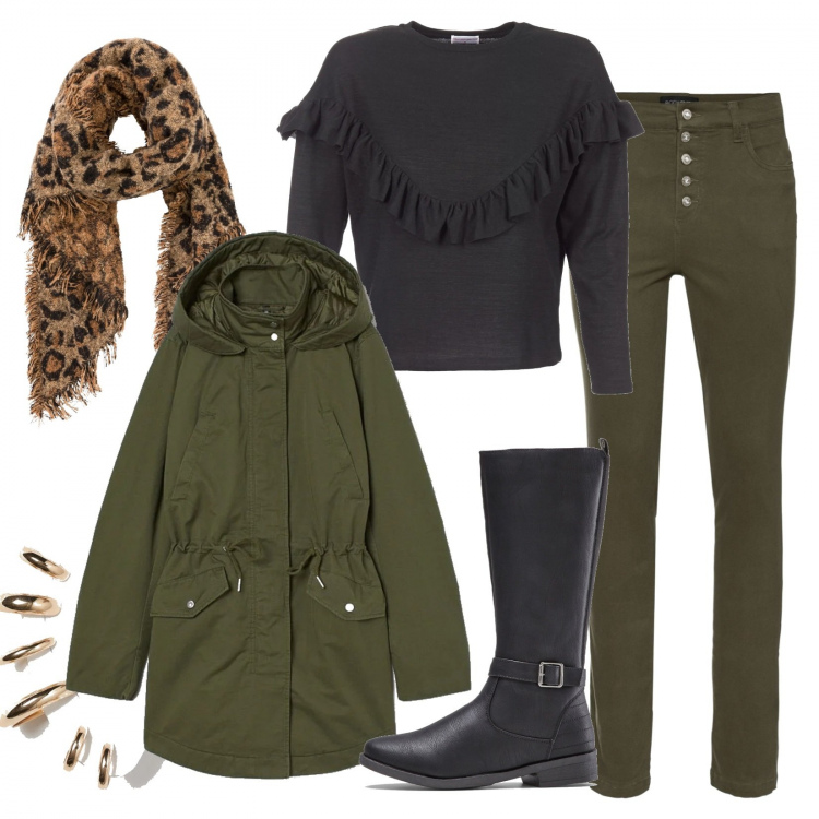 Outfit donna - Una marcia in più con il parka. Stile Urban per Tutti i giorni. Abbinamento con stivali, pantaloni, scialli, maglioni, parka, orecchini.