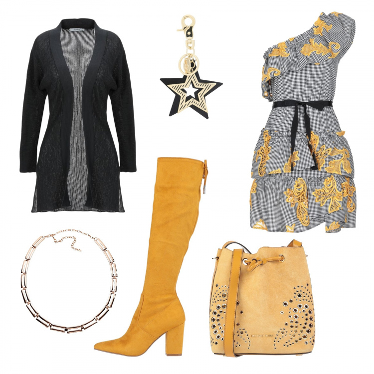 Outfit donna - L’abito a quadri. Stile Trendy per Serata fuori. Abbinamento con vestiti corti, cardigans, portachiavi, borse a tracolla, cinture, stivali.