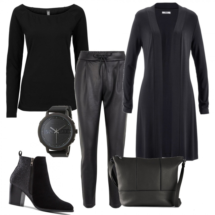 Outfit donna - In nero. Stile Trendy per Tutti i giorni. Abbinamento con cardigans, borse a tracolla, stivaletti, maglieria, pantaloni chino, orologi.