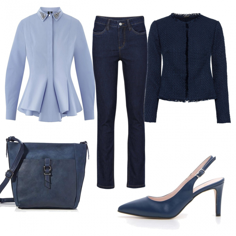 Outfit donna - Chic #45008. Stile Chic per Ufficio. Abbinamento con jeans, blazer, camicie, borse a spalla, décolleté.
