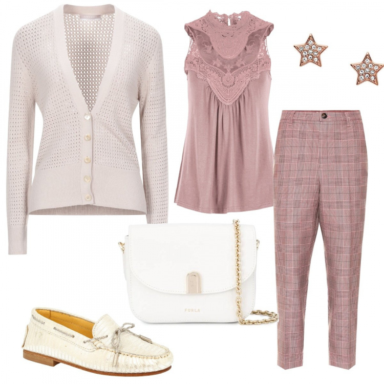 Outfit donna - Trendy #82564. Stile Trendy per Tutti i giorni. Abbinamento con top, cardigans, mocassini, borse a spalla, pantaloni capri, orecchini.