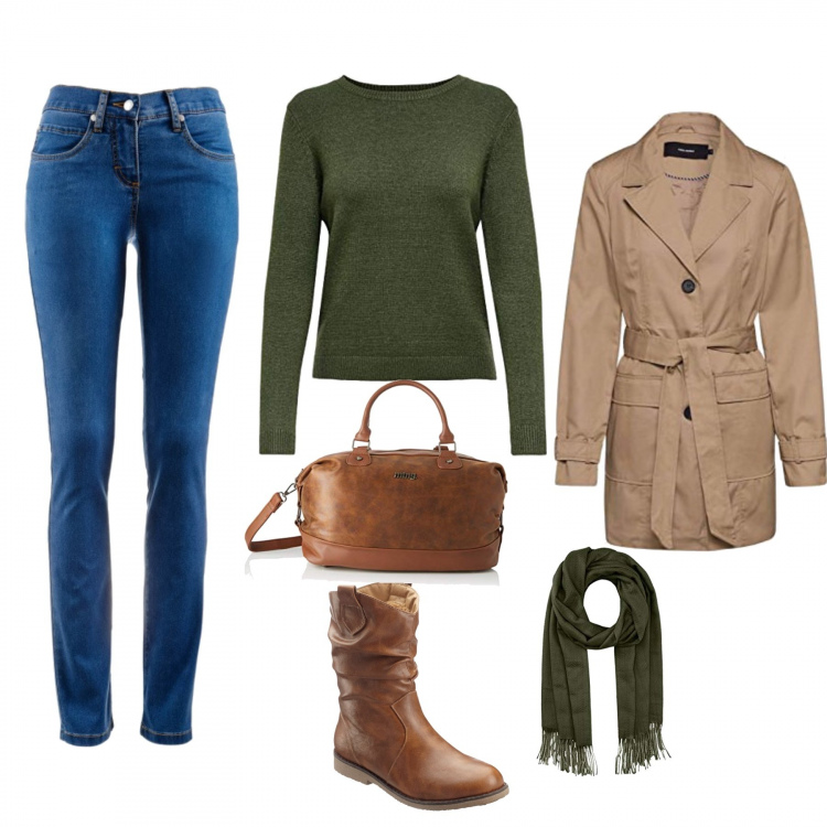 Outfit donna - Al parco. per Tutti i giorni. Abbinamento con jeans dritti, stivaletti, pullovers, trench, borse a tracolla, sciarpe.
