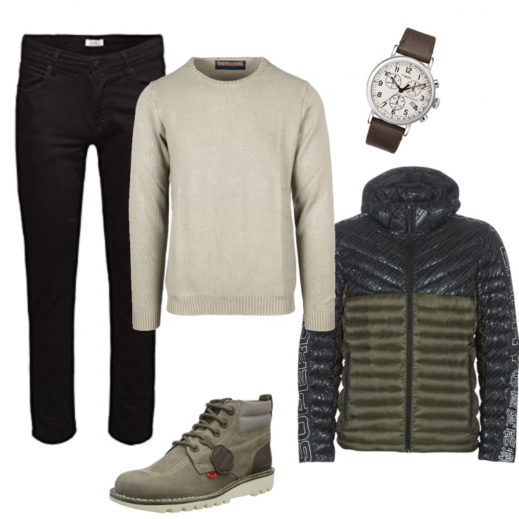 Outfit uomo - Maglioncino autunnale. Stile Casual per Tutti i giorni. Abbinamento con maglioni, piumini, orologi, stivali, jeans.