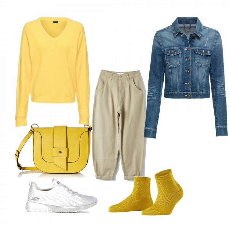 Outfit donna - Sportiva in oversize. Stile Urban per Tutti i giorni. Abbinamento con maglieria, sneakers, blazer, pantaloni, borse a spalla, calzini.