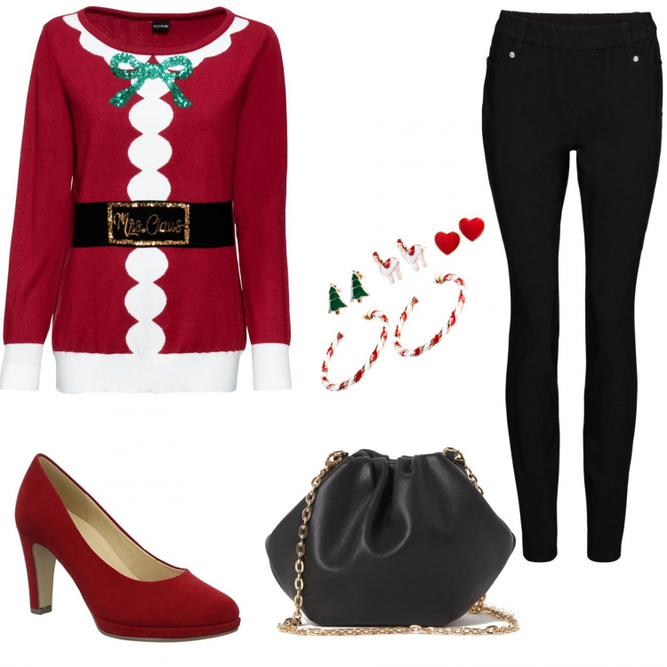 Outfit donna - Aiutante di Babbo Natale. Stile Trendy per Tutti i giorni. Abbinamento con costumi interi, maglieria, pantaloni skinny, borse a mano, scarpe col tacco.