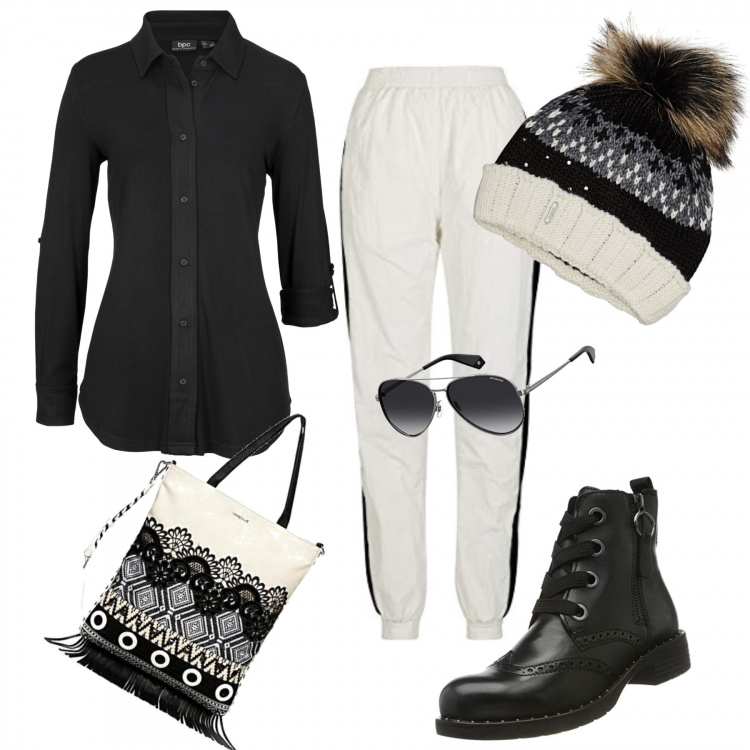 Outfit donna - Super trendy. Stile Trendy per Tutti i giorni. Abbinamento con camicie, pantaloni, stivali, borse a mano, berretti, occhiali da sole.