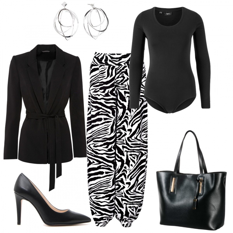 Outfit donna - Zzzebra. Stile Etnico per Serata fuori. Abbinamento con pantaloni a palazzo, blazer, shopping bag, body, jeans dritti, décolleté.