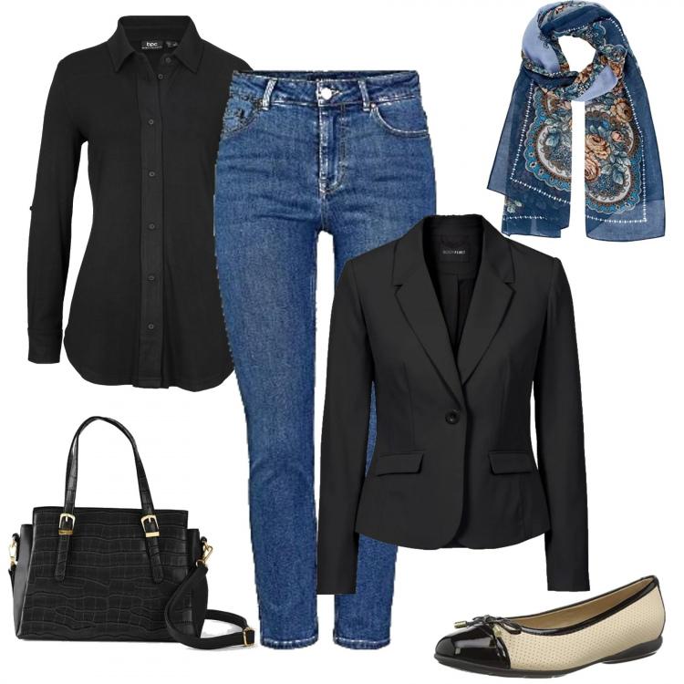 Outfit donna - Bon Ton in jeans. Stile Bon Ton per Tutti i giorni. Abbinamento con camicie, blazer, borse a mano, sciarpe, ballerine, jeans slim fit.