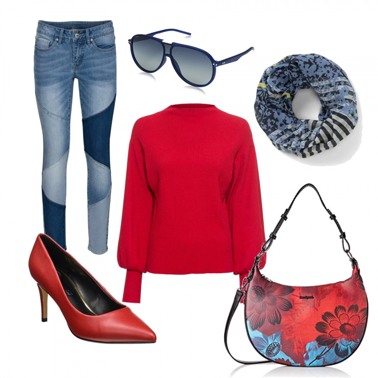 Outfit donna - Jeans e décolleté. Stile Urban per Tutti i giorni. Abbinamento con maglieria, jeans skinny, borse a tracolla, occhiali da sole, décolleté, sciarpe.