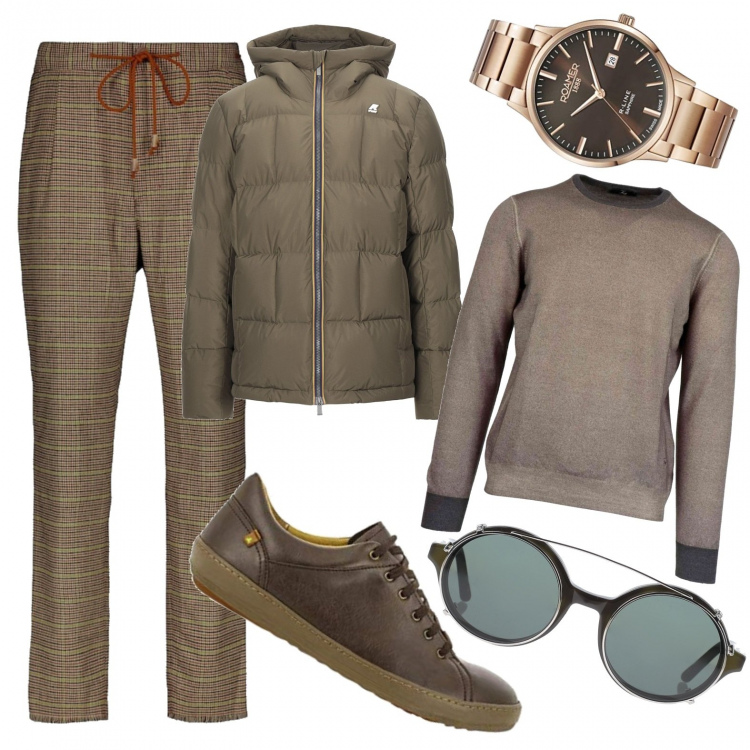Outfit uomo - Quadri e toni beige. Stile Urban per Tutti i giorni. Abbinamento con occhiali da sole, piumini, pantaloni, pullovers, scarpe stringate, orologi analogici.