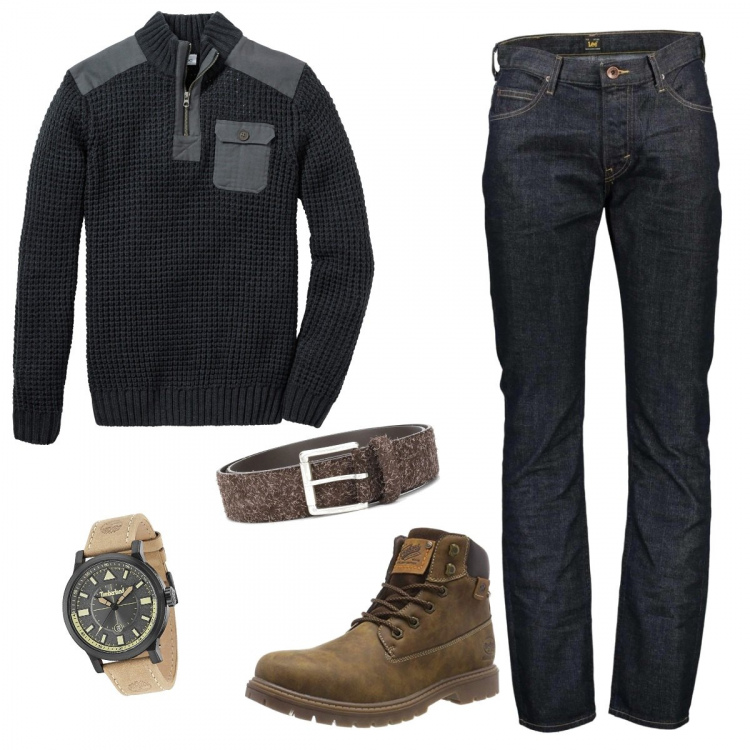 Outfit uomo - Jeans versatile. Stile Casual per Tutti i giorni. Abbinamento con maglieria, jeans, cinture, stivali, orologi analogici.