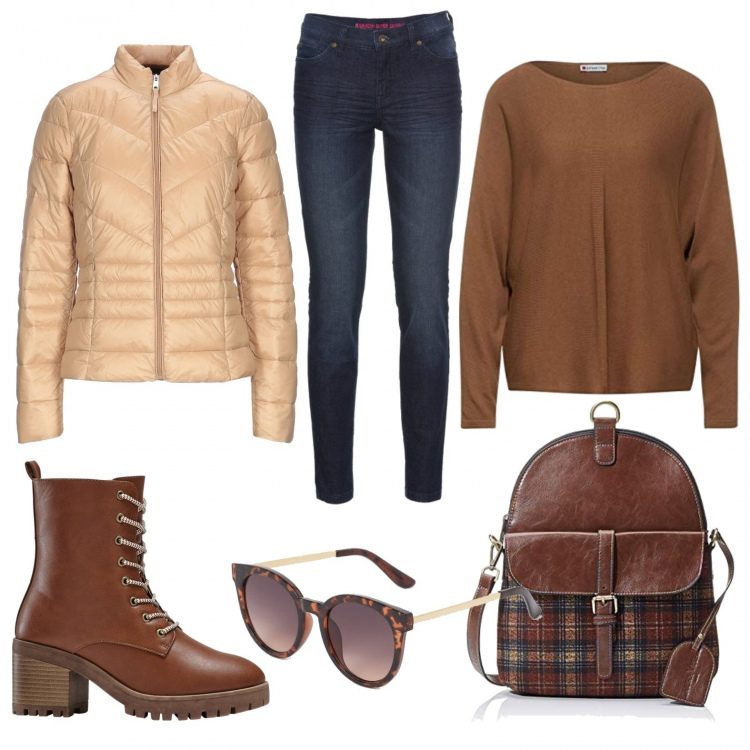Outfit donna - Urban #30983. Stile Urban per Tutti i giorni. Abbinamento con jeans skinny, maglieria, piumini, maglioni, zaini, occhiali da sole.