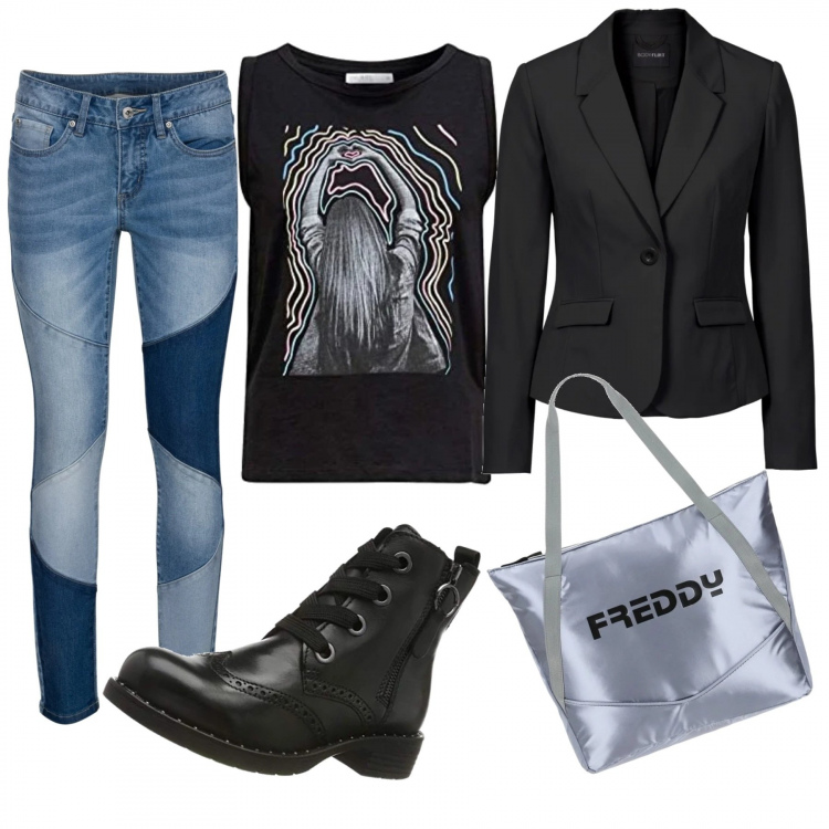 Outfit donna - Grunge. Stile Rock per Tutti i giorni. Abbinamento con blazer, jeans skinny, shopping bag, t-shirt, stivali.