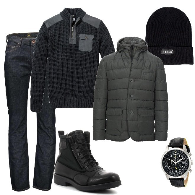 Outfit uomo - Back in black. Stile Urban per Tutti i giorni. Abbinamento con maglieria, piumini, stivali e stivaletti, jeans, berretti, orologi.