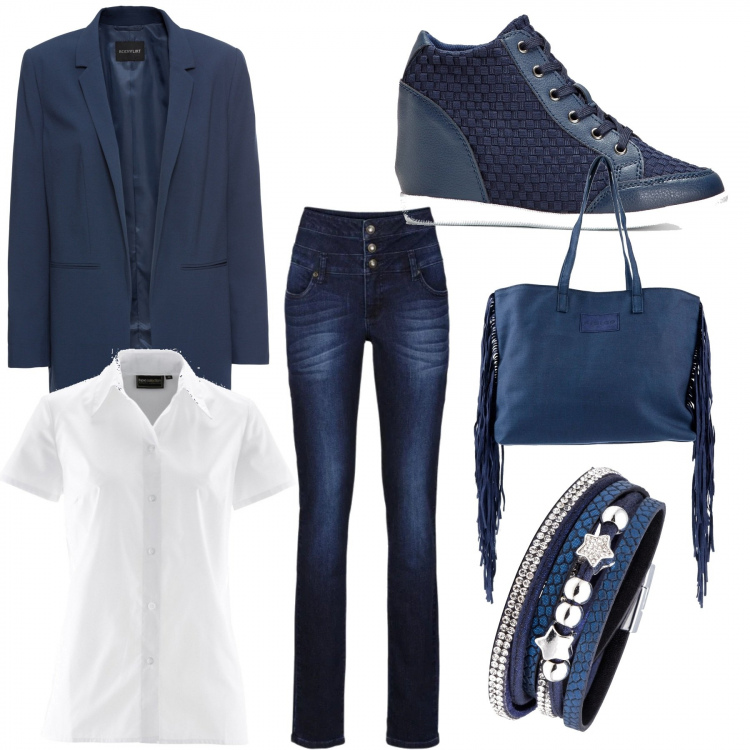 Outfit donna - Bon Ton #33744. Stile Bon Ton per Ufficio. Abbinamento con camicie a manica corta, stivaletti, jeans skinny, braccialetti, blazer, borse a spalla.