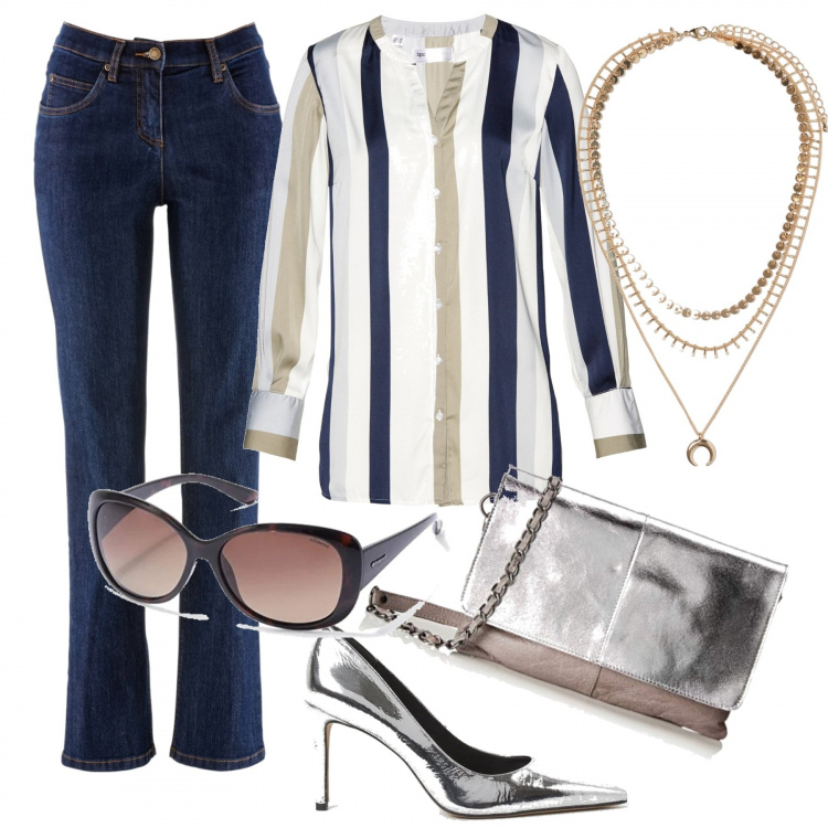 Outfit donna - L\'eleganza della décolleté. Stile Urban per Ufficio. Abbinamento con jeans dritti, camicie, décolleté, ciondoli, occhiali da sole, borse a tracolla.