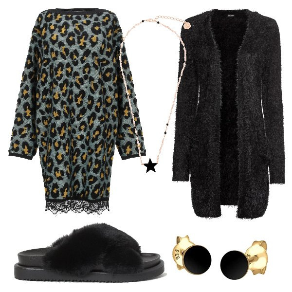 Outfit donna - Un relax homewear di tendenza. Stile Trendy per Tutti i giorni. Abbinamento con cardigans, camicie da notte, collane, pantofole, orecchini.