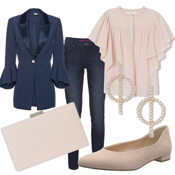 Outfit donna - Bon ton anche in jeans. Stile Bon Ton per Ufficio. Abbinamento con jeans skinny, blazer, borse a mano, camicie a manica corta, ballerine, orecchini.