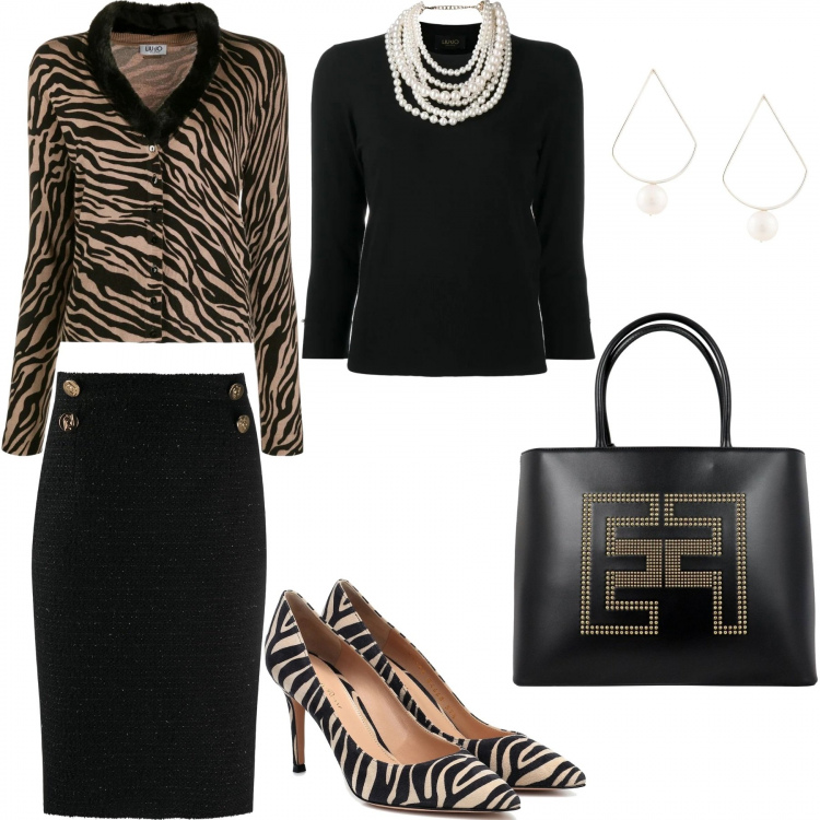 Outfit donna - Animalier. Stile Chic per Tutti i giorni. Abbinamento con top, cardigans, orecchini, gonne, décolleté, borse a mano.