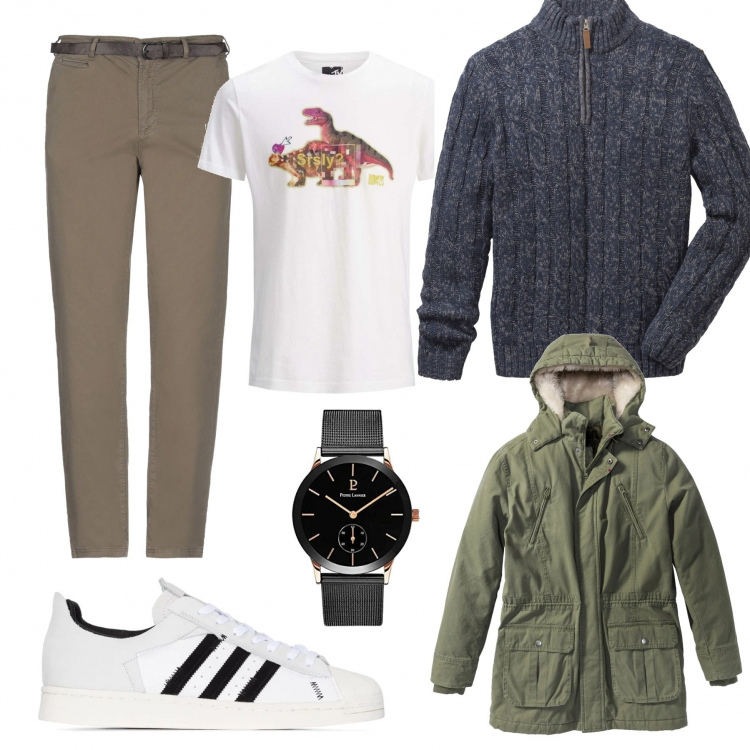 Outfit uomo - Trendy #10073. Stile Trendy per Tutti i giorni. Abbinamento con maglieria, parka, pantaloni, t-shirt, sneakers, orologi.