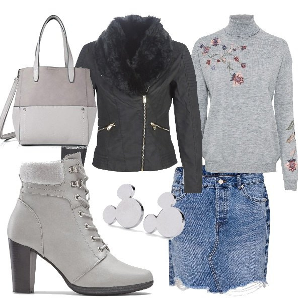 Outfit donna - La gonna in jeans. Stile Basic per Tutti i giorni. Abbinamento con pantaloni, orecchini, stivaletti, giacche, minigonne, borse tote.