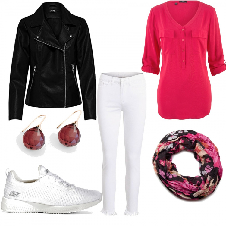 Outfit donna - Un tocco di rosa. per Tutti i giorni. Abbinamento con bluse, sneakers, orecchini, pantaloni, blazer, foulard.