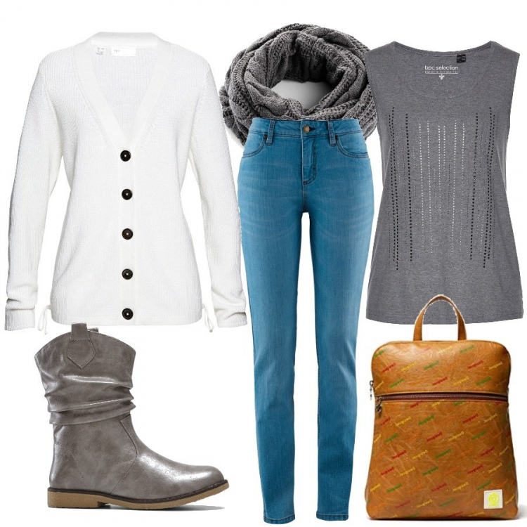 Outfit donna - Il jeans very low cost. Stile Urban per Scuola/Università. Abbinamento con jeans skinny, top, cardigans, stivaletti, foulard, zaini.