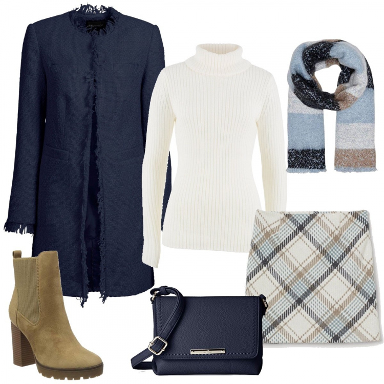 Outfit donna - Femminile in bianco e blu. Stile Bon Ton per Tutti i giorni. look ideale per Petite. Abbinamento con blazer, maglioni, minigonne, stivali, borse a tracolla, sciarpe.