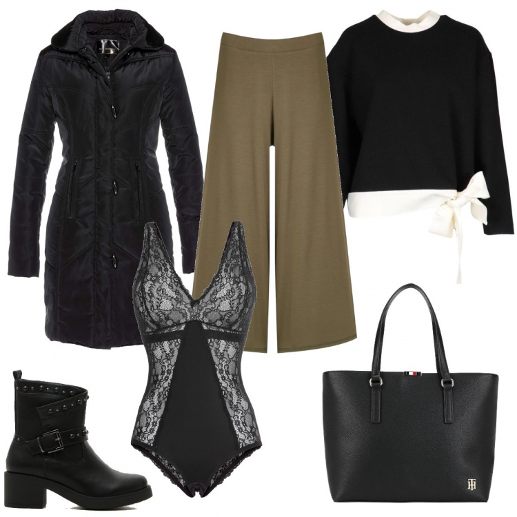 Outfit donna - Urban #31106. Stile Urban per Tutti i giorni. Abbinamento con body, giacche, borse a mano, pantaloni a palazzo, felpe, stivaletti.