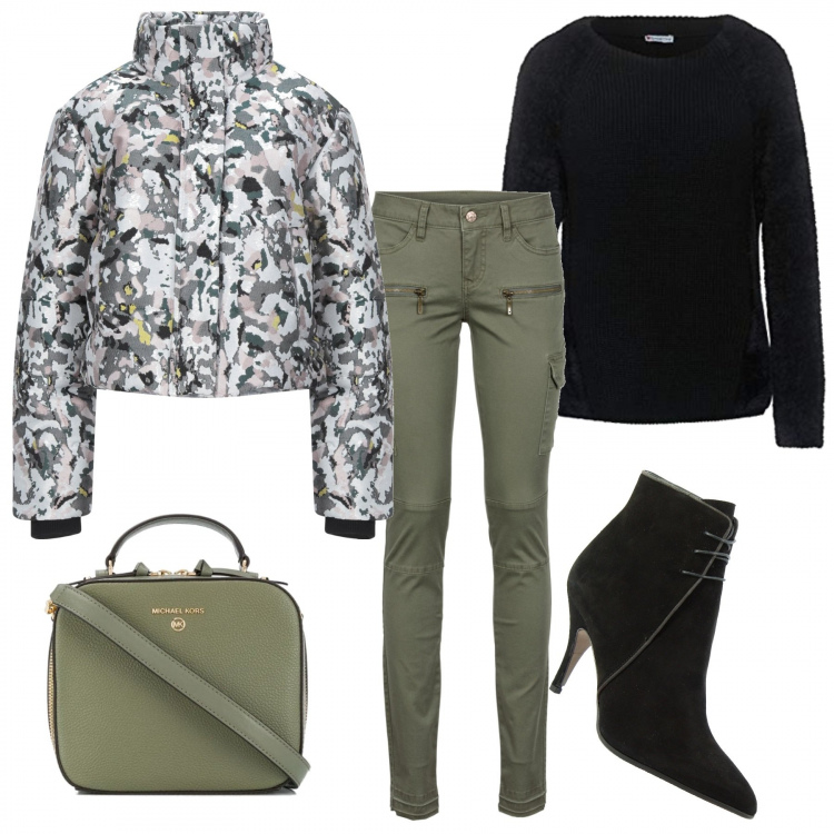 Outfit donna - Nero e verde militare. Stile Trendy per Tutti i giorni. Abbinamento con pantaloni cargo, cappotti, stivaletti, borse a tracolla, maglioni.