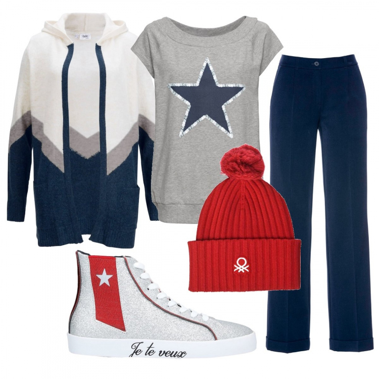 Outfit donna - Stars. Stile Basic per Tutti i giorni. Abbinamento con pantaloni, t-shirt, cardigans, sneakers alte, berretti.