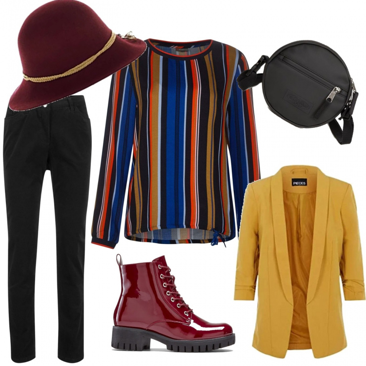 Outfit donna - Righe fantasia. Stile Urban per Tutti i giorni. Abbinamento con pantaloni, stivaletti, borse a tracolla, cappelli, camicie, blazer.