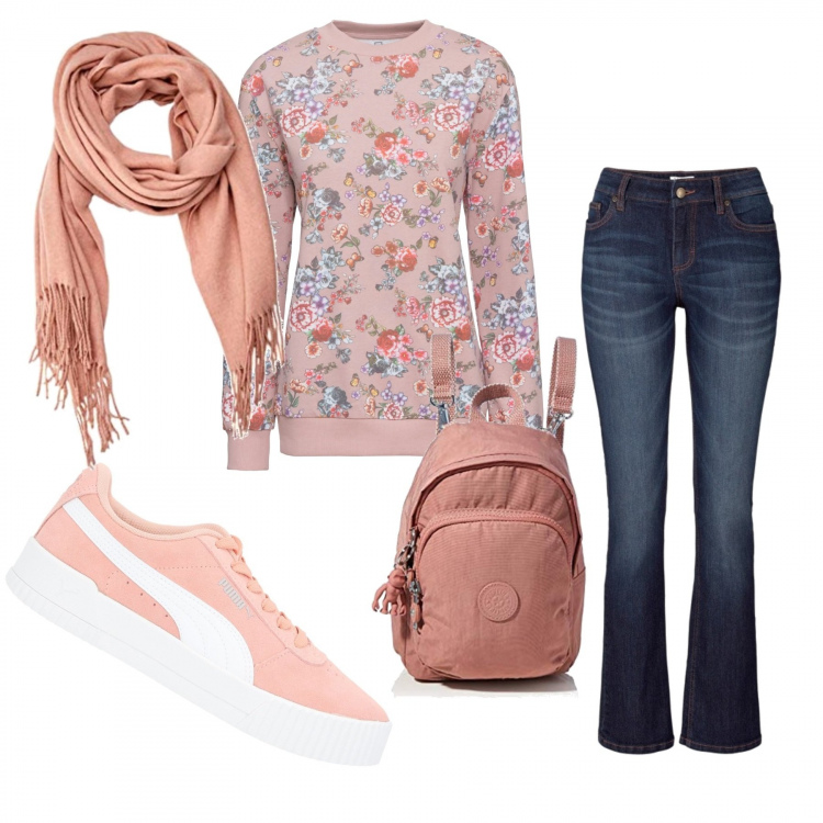 Outfit donna - Felpa e jeans. Stile Trendy per Tutti i giorni. Abbinamento con jeans bootcut, felpe, sneakers, zaini, sciarpe.