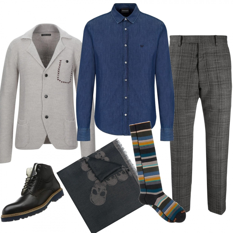 Outfit uomo - Trendy #10113. Stile Trendy per Tutti i giorni. Abbinamento con calzini, pantaloni a palazzo, sciarpe, cardigans, camicie, stivali.