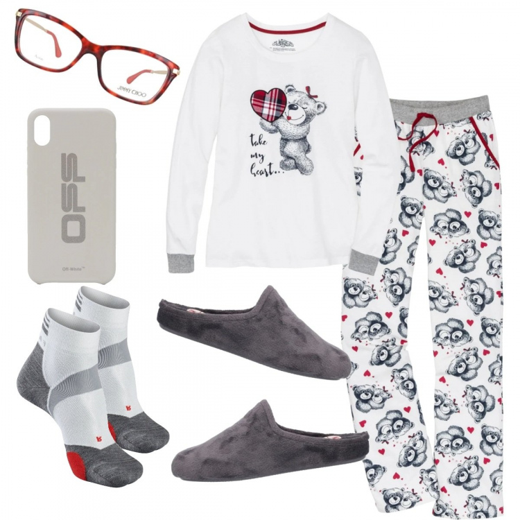 Outfit mujer - Home-relax. Estilo Basic para Todos los días. Combinación con gafas graduadas, pantuflas, calcetines, pijama, fundas para teléfono.