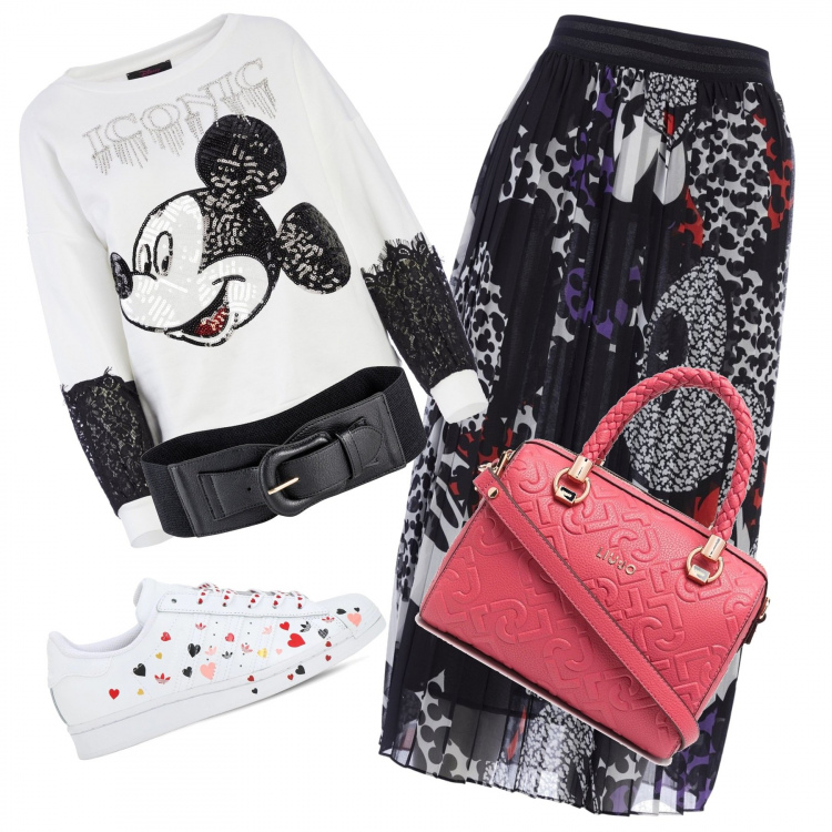 Outfit donna - Disney mania. Stile Trendy per Tutti i giorni. Abbinamento con cinture, gonne longuette, felpe, borse tote, sneakers.