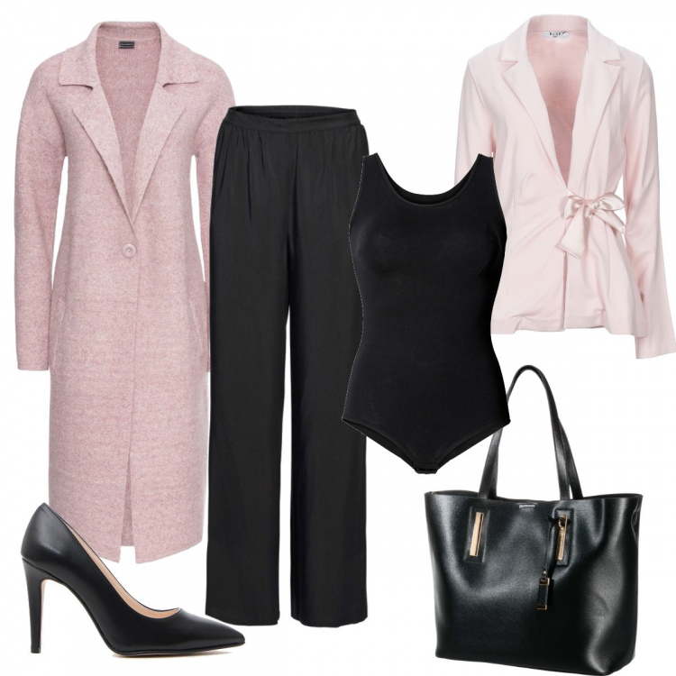 Outfit donna - Bon Ton #33915. Stile Bon Ton per Ufficio. Abbinamento con cappotti, body, pantaloni a palazzo, shopping bag, blazer, décolleté.
