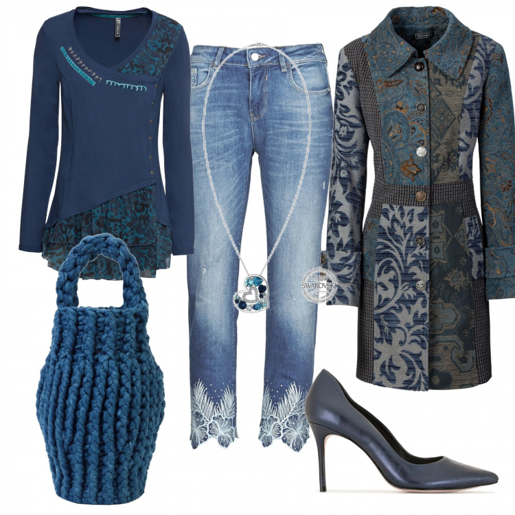 Outfit donna - In jeans con stile. Stile Bon Ton per Serata fuori. Abbinamento con cappotti, maglieria, borse a mano, jeans, décolleté, ciondoli.
