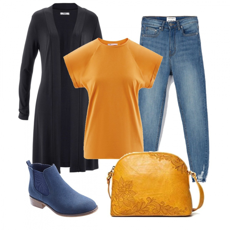 Outfit donna - Etnico #6549. Stile Etnico per Tutti i giorni. Abbinamento con cardigans, stivaletti chelsea, jeans, borse a tracolla, t-shirt.