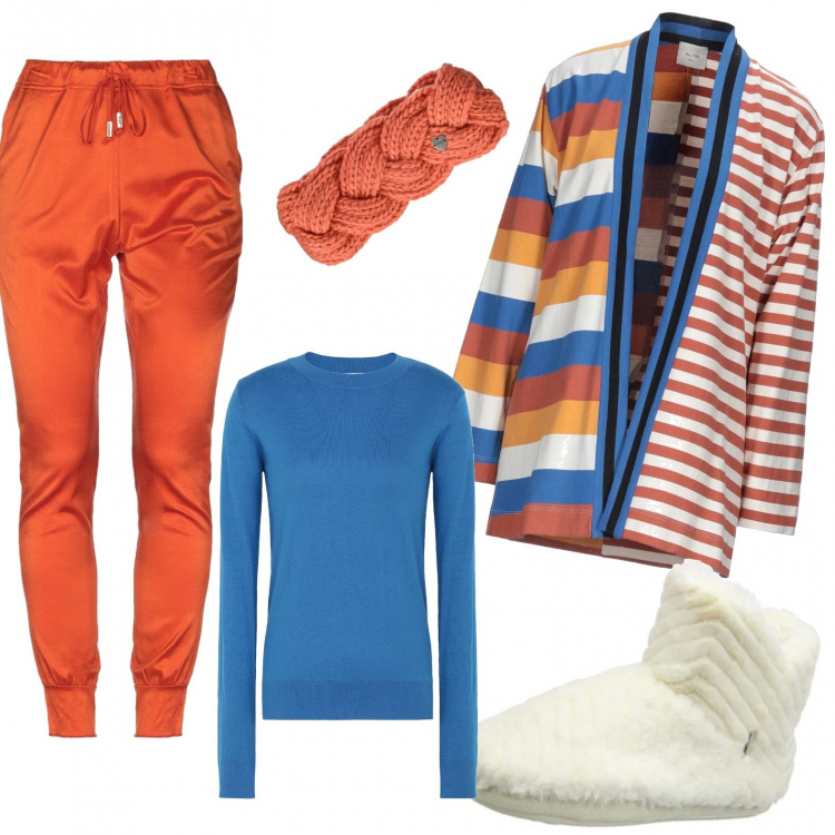 Outfit donna - Stile Home relax e smart Working. Stile Trendy per Tutti i giorni. Abbinamento con pullovers, cardigans, pantaloni, pantofole, fasce per capelli.