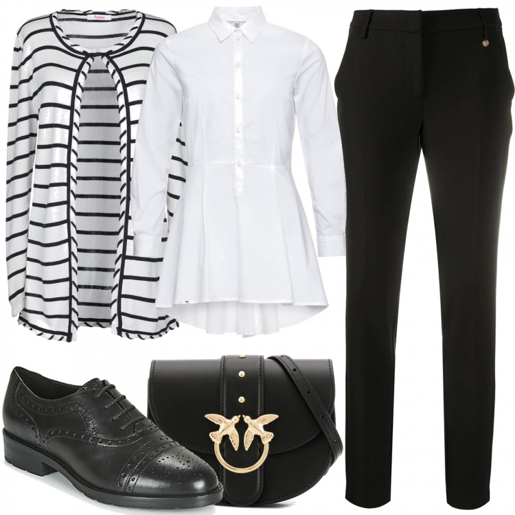 Outfit donna - Il cardigan a righe. Stile Bon Ton per Tutti i giorni. Abbinamento con camicie, cardigans, décolleté, pantaloni, borse a spalla.