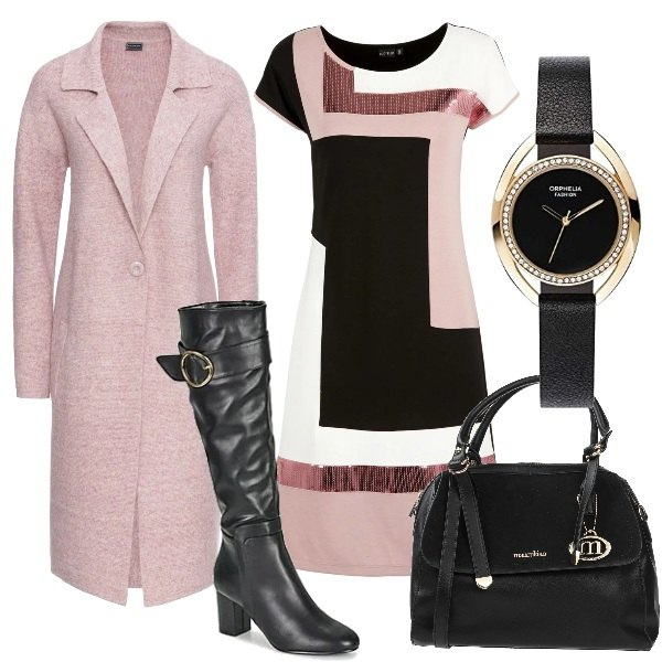 Outfit donna - Paillettes al lavoro. Stile Chic per Ufficio. Abbinamento con cappotti, vestiti, borse a mano, stivali, orologi analogici.