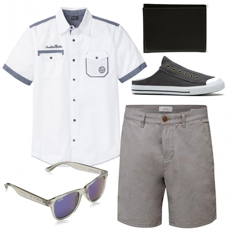Outfit uomo - Urban #10900. Stile Urban per Tutti i giorni. Abbinamento con camicie a manica corta, sandali, occhiali da sole, portafogli, pantaloni corti.