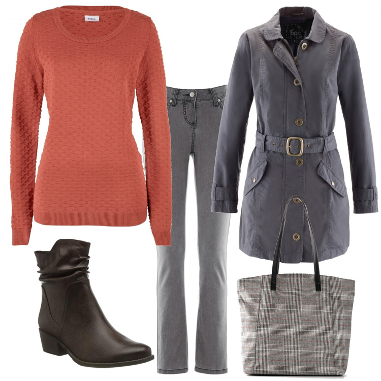 Outfit donna - Trendy #83522. Stile Trendy per Tutti i giorni. Abbinamento con jeans slim fit, maglioni, trench, shopping bag, stivaletti texani.
