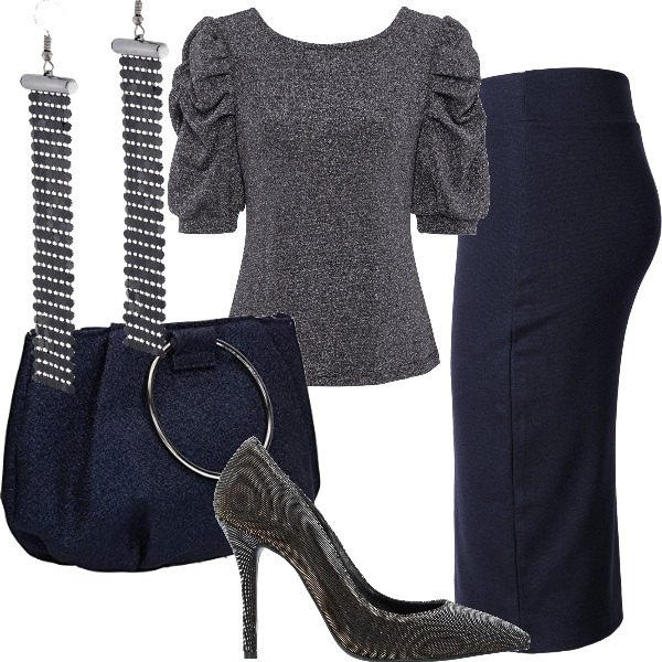 Outfit donna - Sinuoso low cost. Stile Chic per Serata fuori. Abbinamento con décolleté, maglieria, orecchini, gonne longuette, pochette.